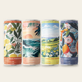 The Signature Set: Back Porch Bliss, Coastal Calm, Highland Harmony and Highly Likely THC seltzer cans